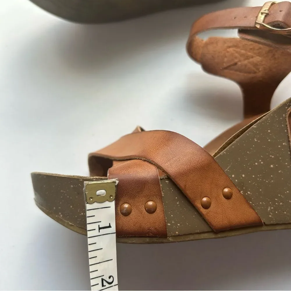 Women's Tan Brown Leather Wedge Sandals